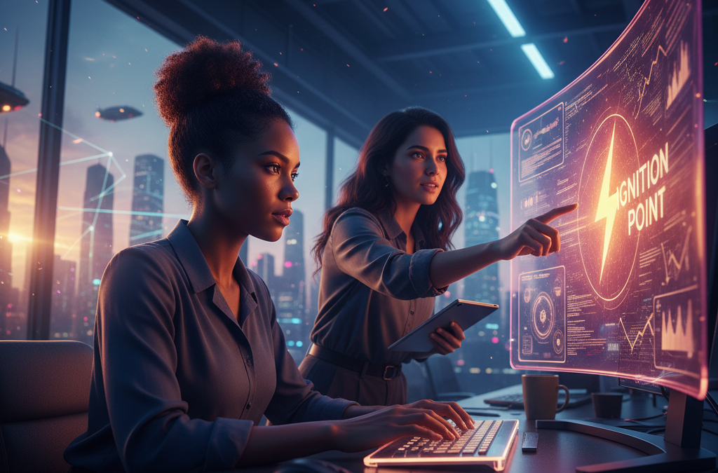 Cinematic image of two women in a modern office pointing to a screen with the 'Ignition Point' lightning bolt logo, symbolizing the start of a women in tech career.