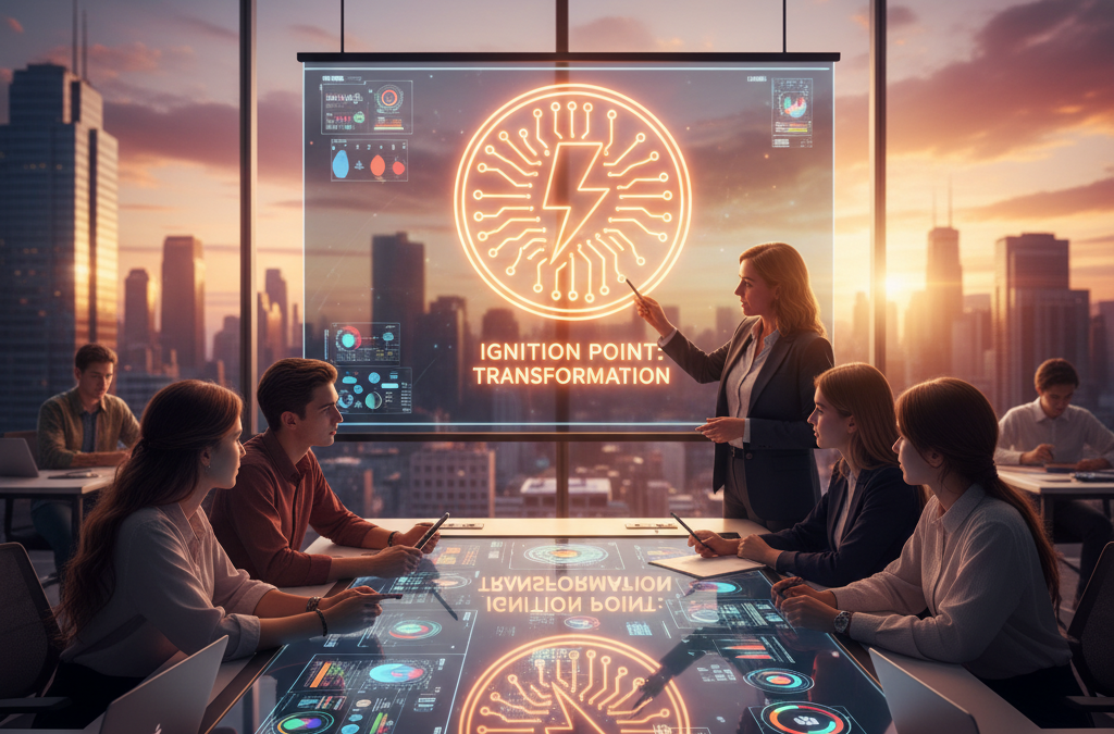 Modern classroom with teacher and diverse students engaging with a projected 'Ignition Point: Transformation' graphic, symbolizing 21st-century educational change.