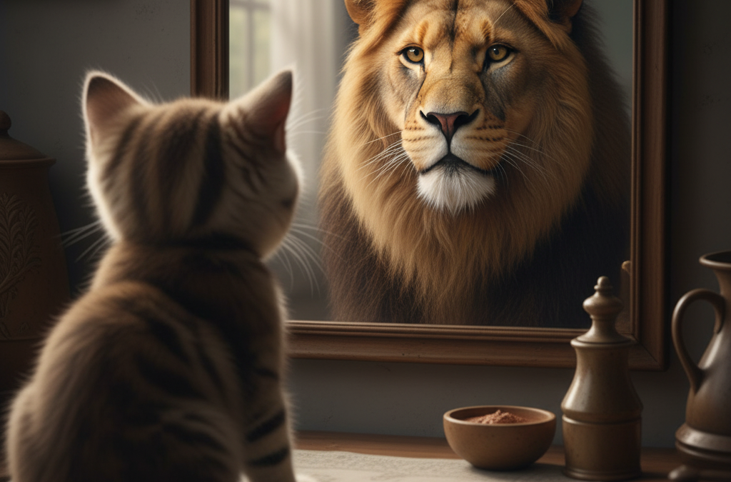 Cinematic image of a small kitten looking into a mirror, seeing the reflection of a majestic lion with an 'Ignition Point' symbol, representing courage and inner strength.