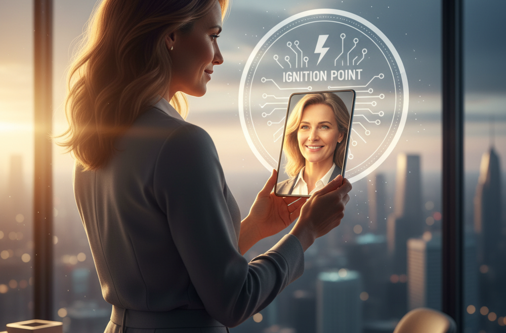 Cinematic image of a confident woman entrepreneur in a modern office, basking in sunlight, symbolizing the release of self-doubt and the 'Ignition Point' of self-acceptance.