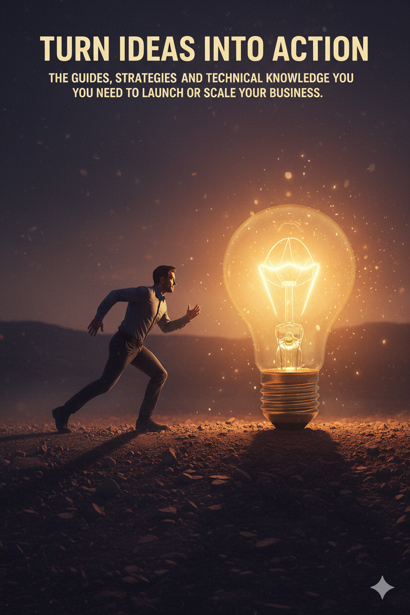 A determined man in business casual attire is captured in mid-stride, running towards a giant, glowing light bulb on a desolate, gritty landscape under a moody sky. The light bulb symbolizes a brilliant idea. The man's active pose conveys the urgent drive to transform an idea into reality. The neon text above reads: "TURN IDEAS INTO ACTION."