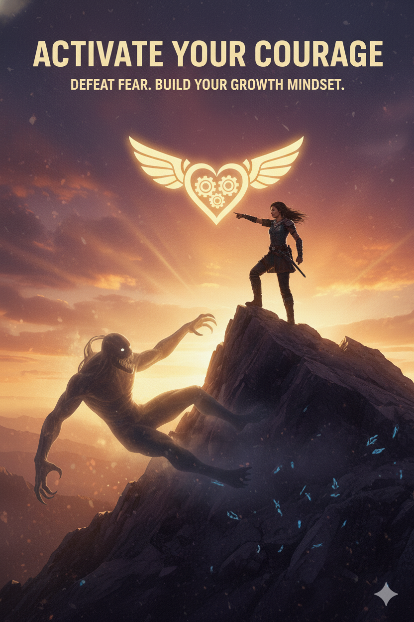 A powerful, armored female figure stands triumphantly on a dark mountain peak. She holds a bright light with gears and wings (Courage), while a large, grotesque monster shadow (representing Fear) collapses at her feet. The sky is a dramatic orange and purple sunset. The central neon text reads: "ACTIVATE YOUR COURAGE."
