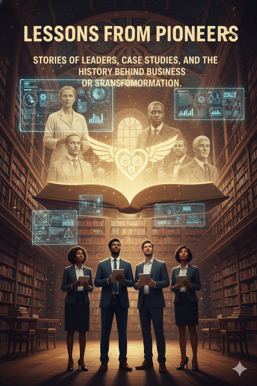 A cinematic composition showing multiple silhouettes of diverse individuals (men and women) from different eras, standing on a timeline or elevated platform. Behind them, historical graphs and data points are projected, symbolizing business growth and transformation over time. A powerful beam of light descends upon the group. The main neon text reads: "LESSONS FROM PIONEERS."